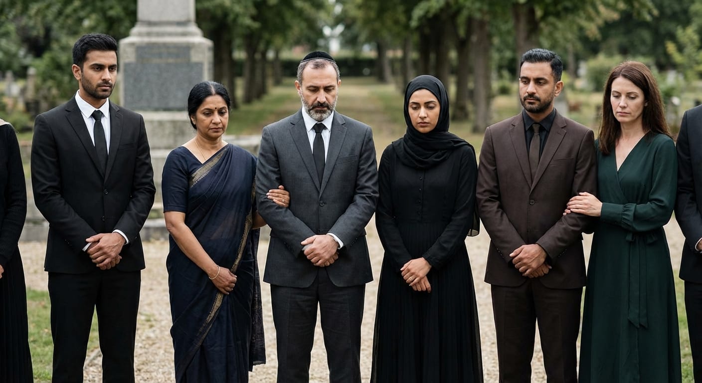 Diverse group of people in respectful funeral attire representing different cultural backgrounds standing together outdoors