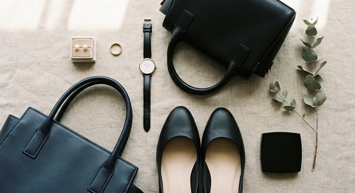 Tasteful funeral accessories including pearl earrings, wedding ring, modest watch, dark handbag and low-heeled shoes arranged on neutral surface