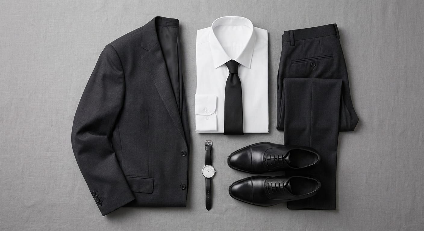 Men's funeral attire essentials including dark business suit, tie, dress shirt and leather shoes arranged in organized layout